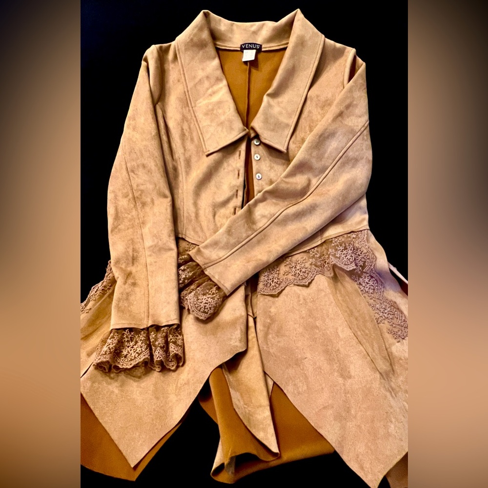 Faux Suede Top; Lace Accents Under Bodice and Cuffs; Slight Flare Over Hips.